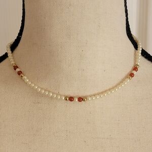 U13 Vintage Avon Gold-tone with Red & Faux Pearl Beaded Choker Necklace